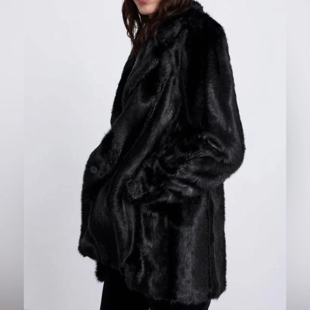Zara NWT black lapel collar faux fur coat - Picture 5 of 10